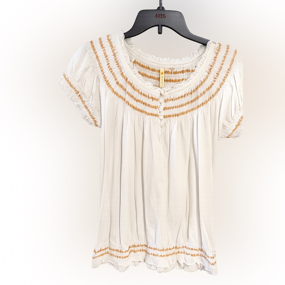 Anthropologie Little Yellow Button brand Cream Smocked Top with Pink Size Tag